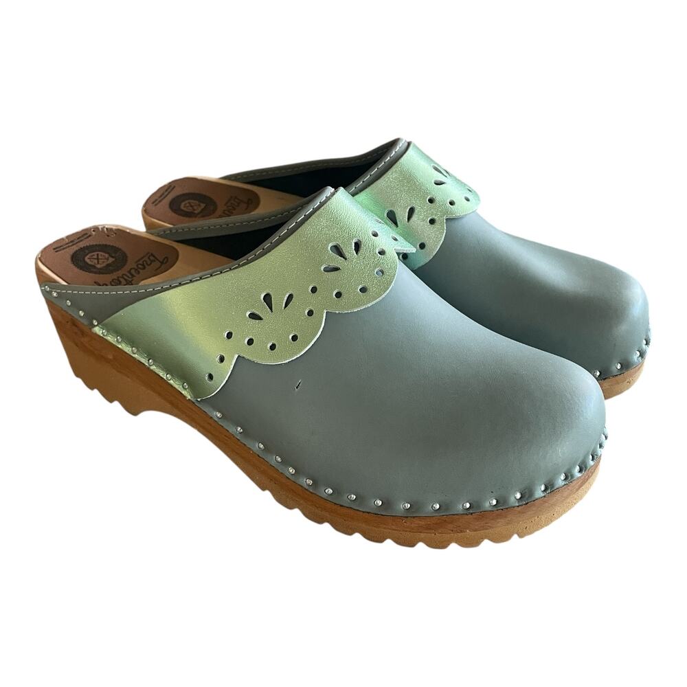 TROENTORP Women Size 39 Green Leather Laser-Cut Strap Slip-On Wooden Clog Sweden